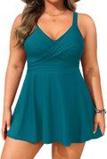Plus Size Dark Teal Swim Dress Tankini - Tummy Control Two Piece