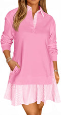 Wenrine Womens Oversized Sweatshirt Dress - Patchwork Polo V Neck