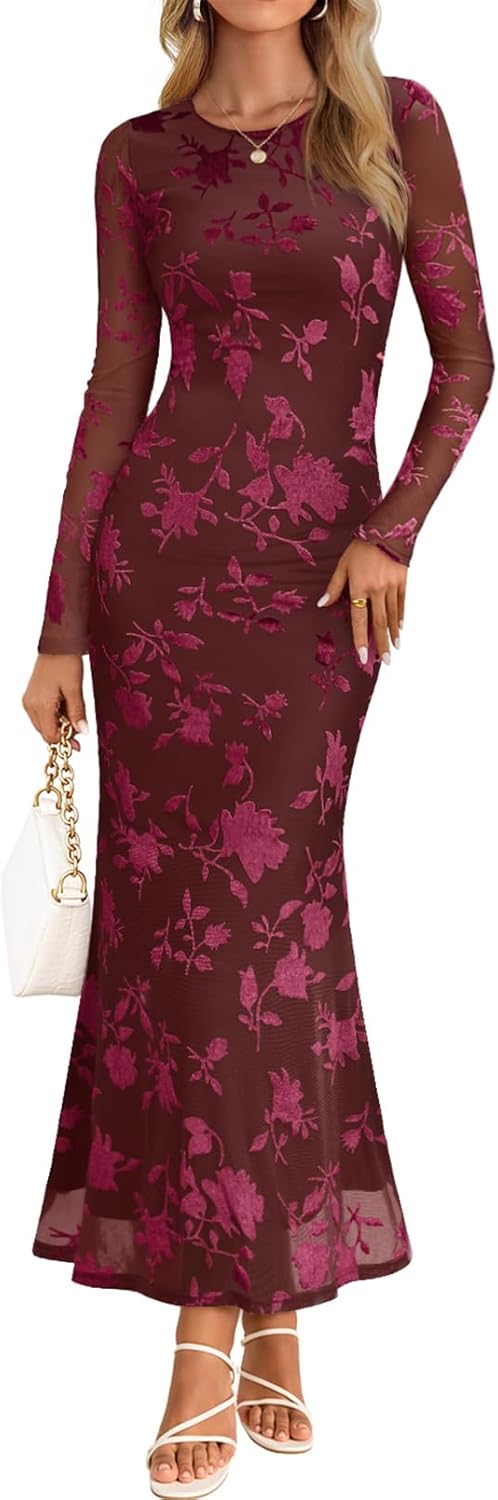 MEROKEETY Women's Floral Mesh Maxi Dress for Fall Weddings
