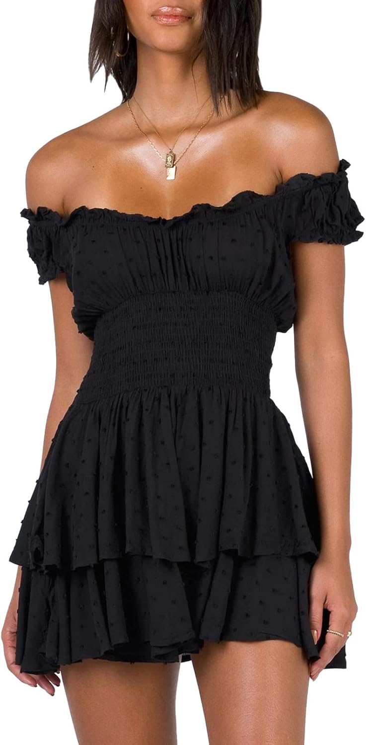 AOHITE Womens Summer Tube Top Dress Off-Shoulder Ruffled Mini