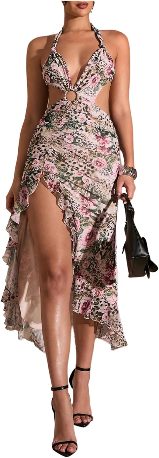 WDIRARA Women's Halter Cut Out Dress with Floral Cheetah Print
