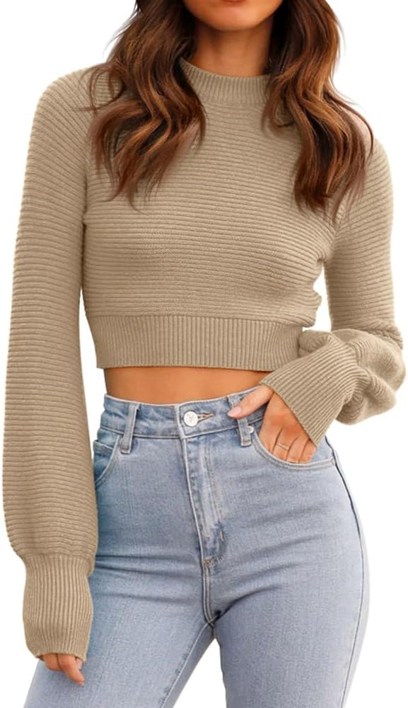 GeGekoko Womens Sexy Crew Neck Cropped Sweater for Fall Fashion