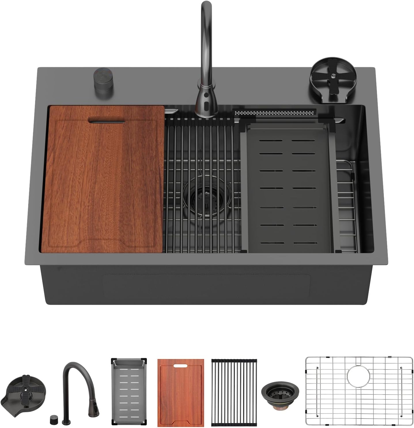 33 Waterfall Kitchen Sink with Pull Out Faucet and Accessories
