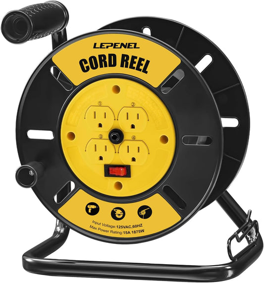 Extension Cord Storage Reel with 15A Circuit Breaker and Outlets