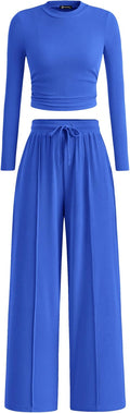 Women's 2 Piece Set Long Sleeve Crop Top and Wide Leg Pants - Fall