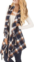 Sleeveless Plaid Asymmetrical Hem Tassel Drape Cardigan Vest
