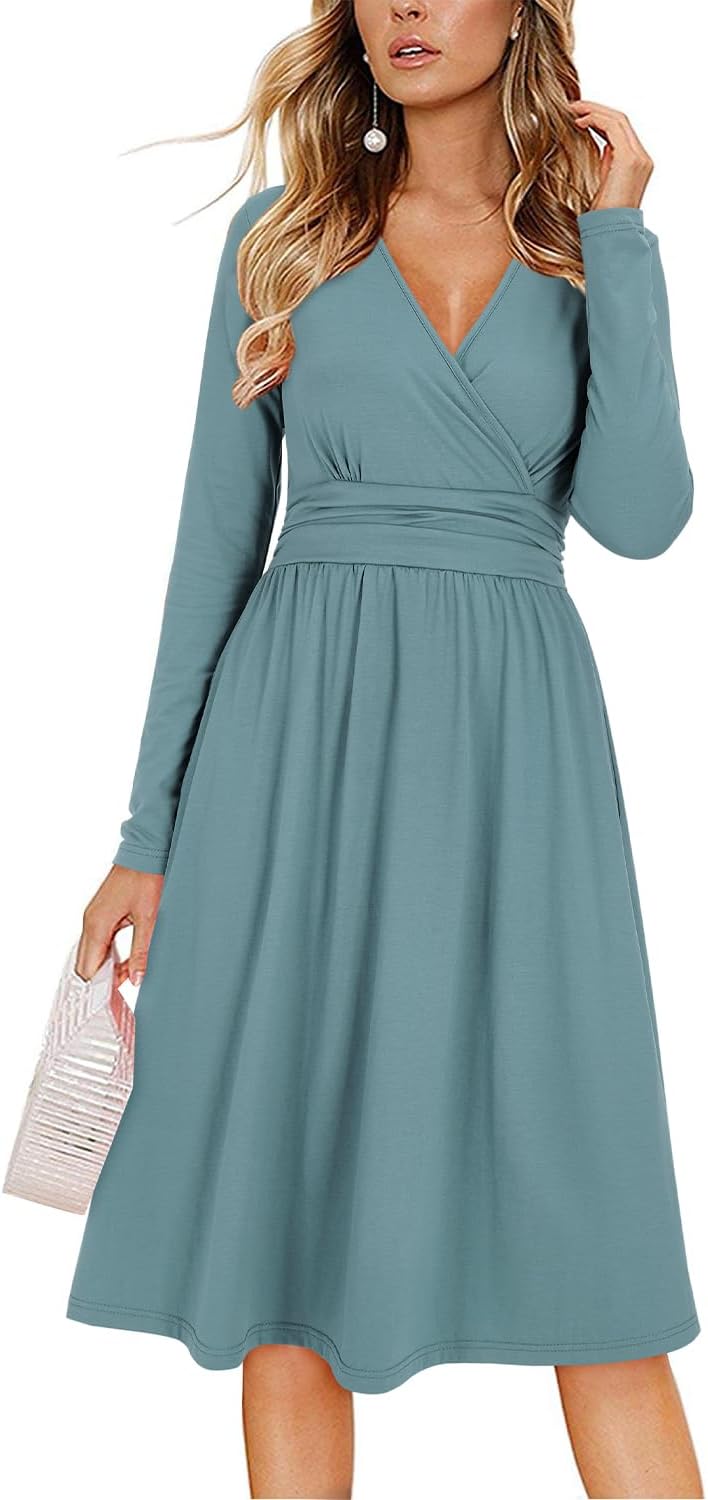 OUGES Women's Fall Long Sleeve Dress with Pockets for Weddings