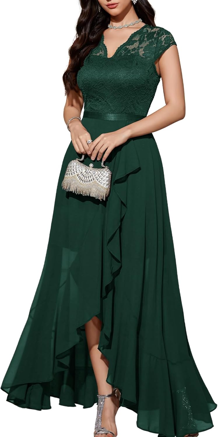 Elegant V-Neck Hi-Lo Floral Lace Dress for Wedding Guests