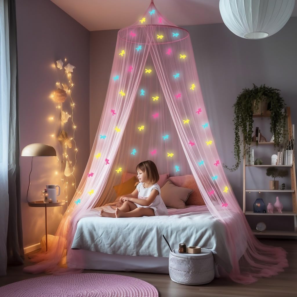 Pink Canopy for Girls Bed with Glow in The Dark Unicorns