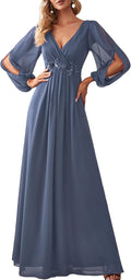 V Neck Long Lantern Sleeve Chiffon Evening Dress - Elegant Fit