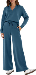Women 2 Piece Sweatsuit Set - Lightweight Polo Top & Wide Leg Pants