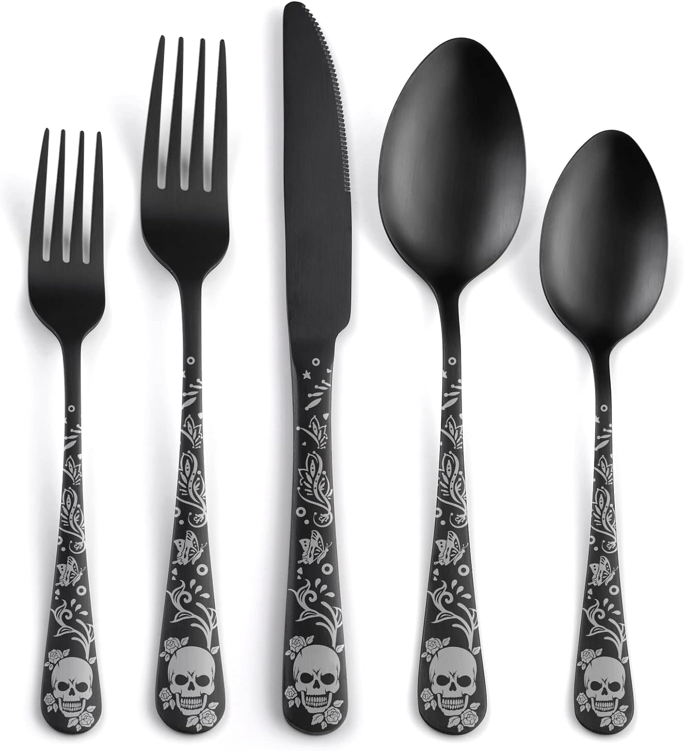 40 Piece Skull Pattern Matte Silverware Set for 8 - Unique Design