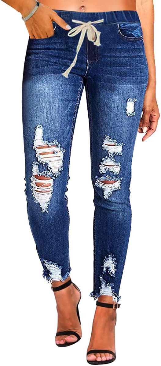 KUNMI Women High Waist Skinny Stretch Ripped Jeans for Comfort