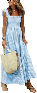Retro Plaid Smocked Dress Spaghetti Strap Flounce Long Dress Size