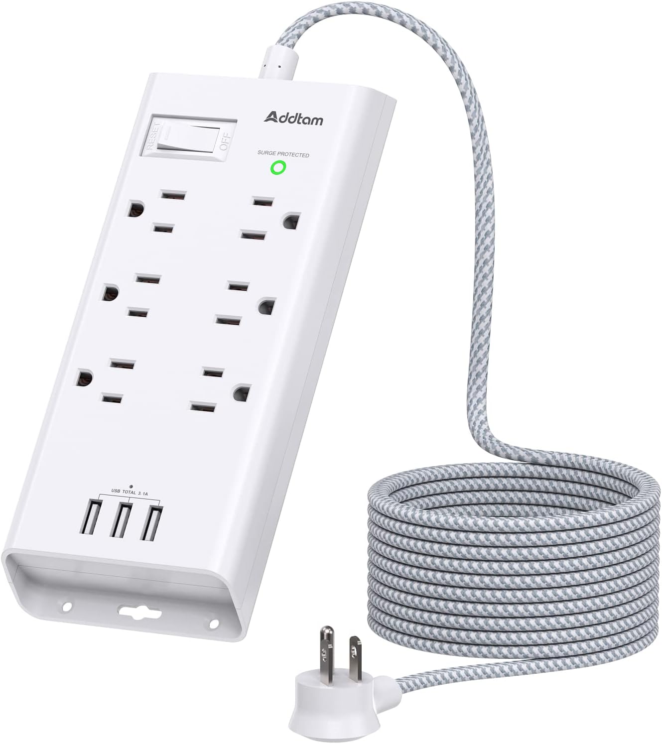 Addtam Surge Protector - 10Ft Extension Cord, 6 Outlets, 3 USB Ports