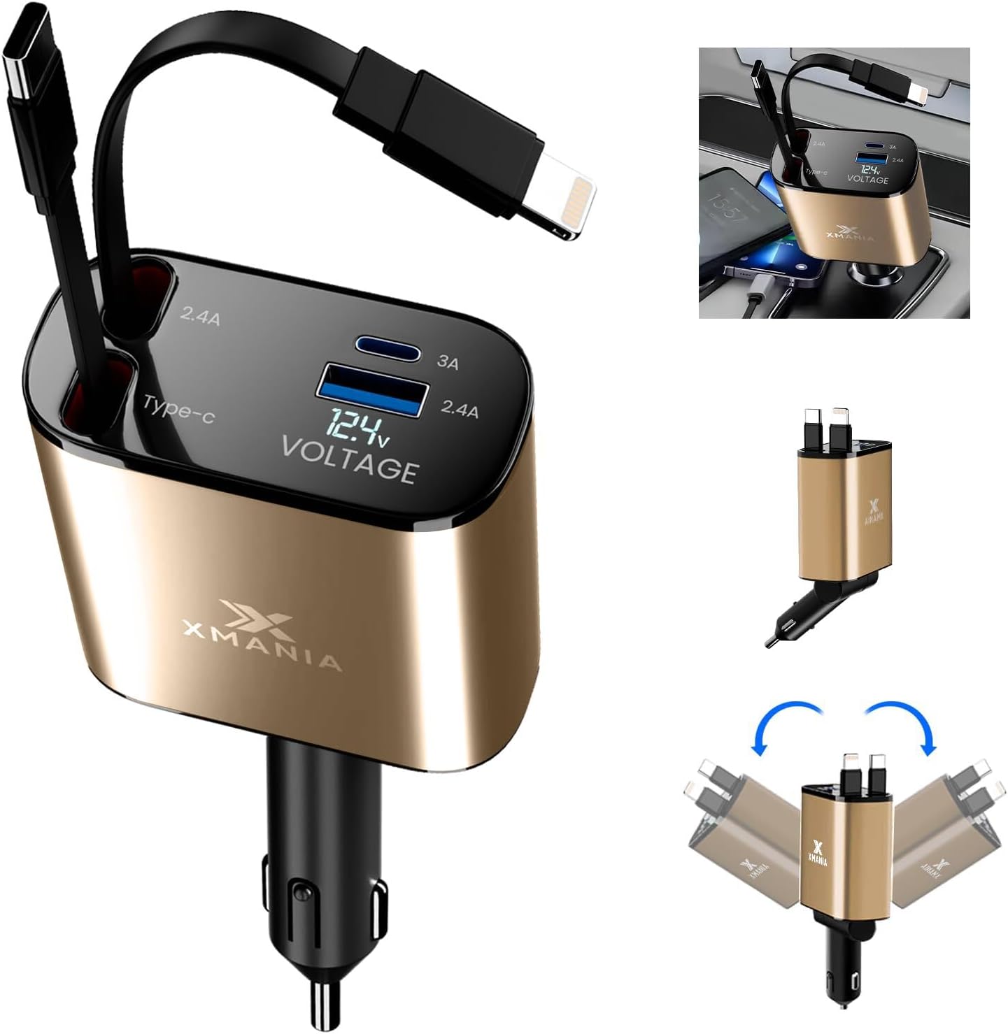 Fast 4-in-1 Car Charger for iPhone & Android - 120W, 2 Cables, 2 USB Ports