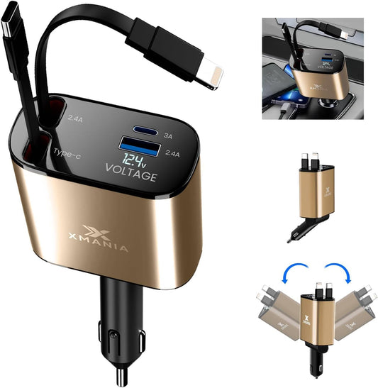 Fast 4-in-1 Car Charger for iPhone & Android - 120W, 2 Cables, 2 USB Ports