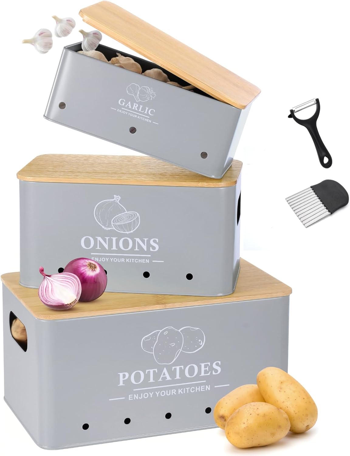Kitchen Vegetable Storage Set of 3 for Potatoes Onions Garlic
