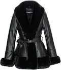 Womens Faux Leather Jacket with Faux Fur Collar - Mid Length Peplum