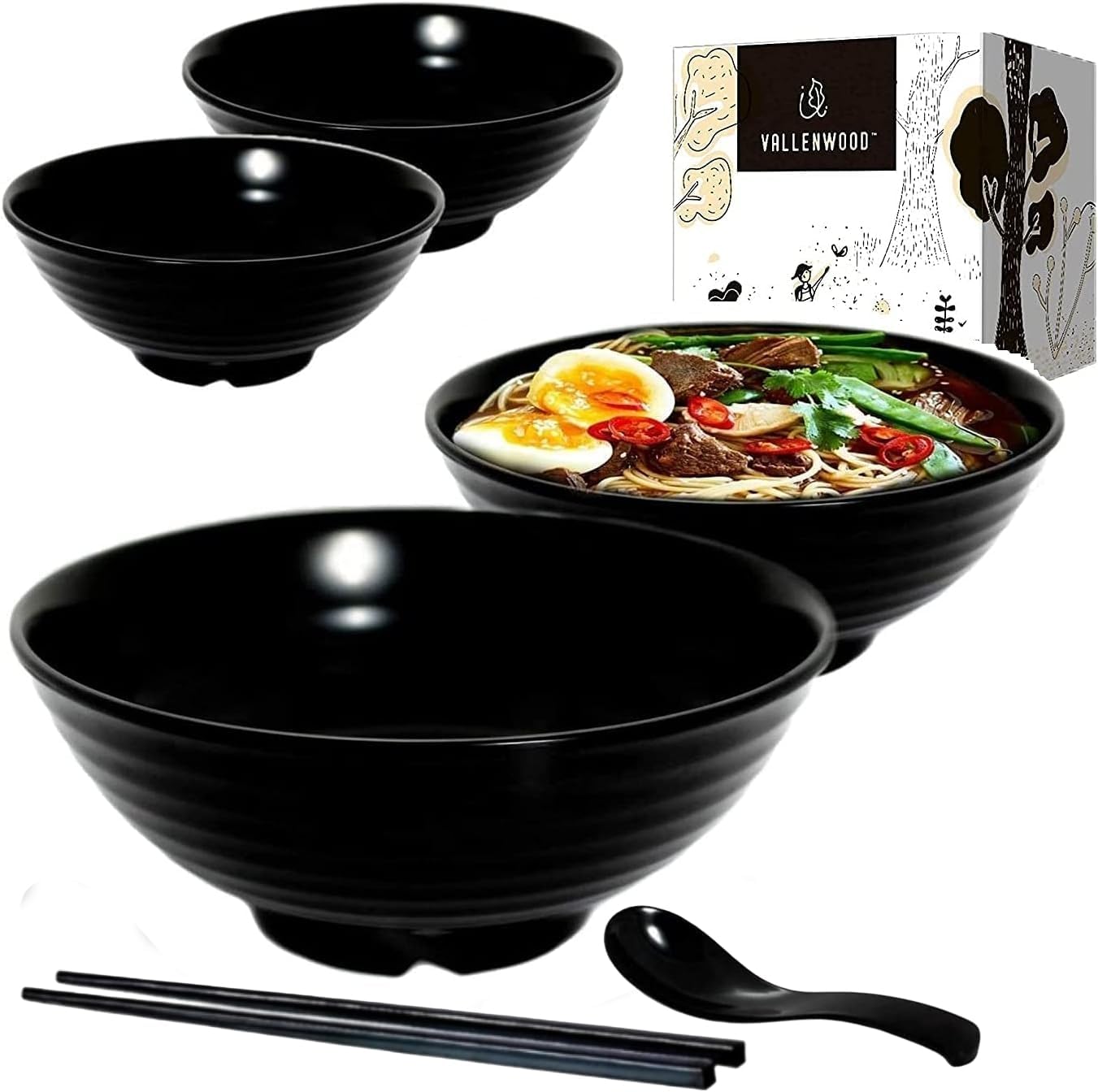 4 Ramen Bowls Set with Spoons and Chopsticks for Asian Cuisine