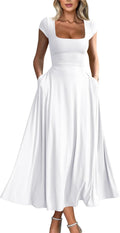 Women's Casual Square Neck Maxi Dress with Pockets - Flowy Fit YMDUCH