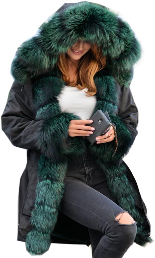 Roiii Women Thicken Warm Winter Coat Hood Down Parka Fleece Fur