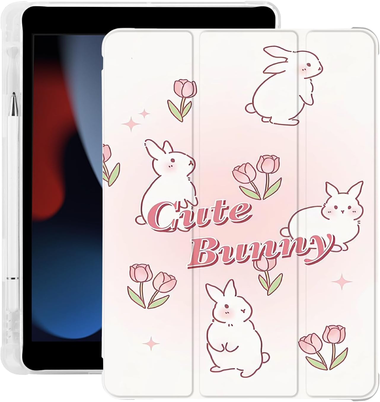 Cute Kawaii Bunny Floral iPad Case with Pencil Holder and Stand