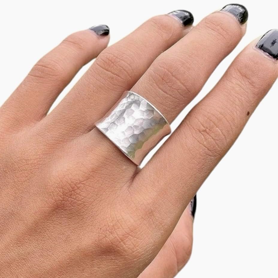 Hammered Sterling Silver Handmade Wide Band Ring for Her