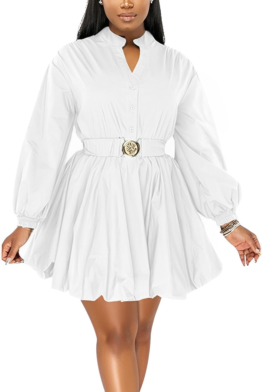ENOPINK Womens Mini Dress Puff Sleeve High Waist Party Wear