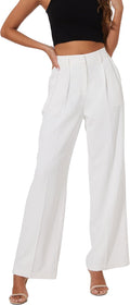 Women Office Wide High Waist Pants Loose Fit Pleated Front Trousers