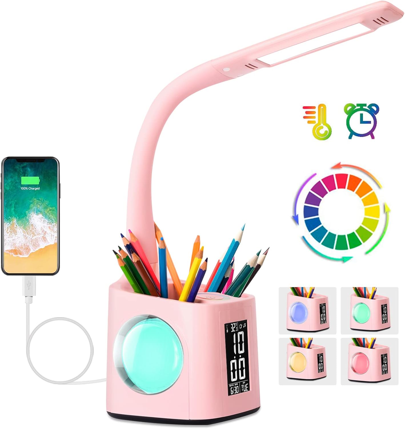 LED Desk Lamp with Clock and Color Changing Nightlight Features