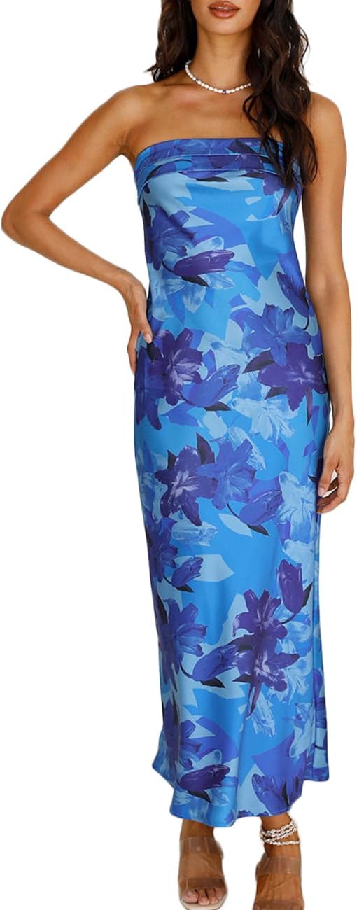 Realtix Satin Silk Backless Tube Tops Maxi Dress for Women