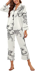 Women Satin Pajama Set Black Tiger Print - Silk Satin PJs