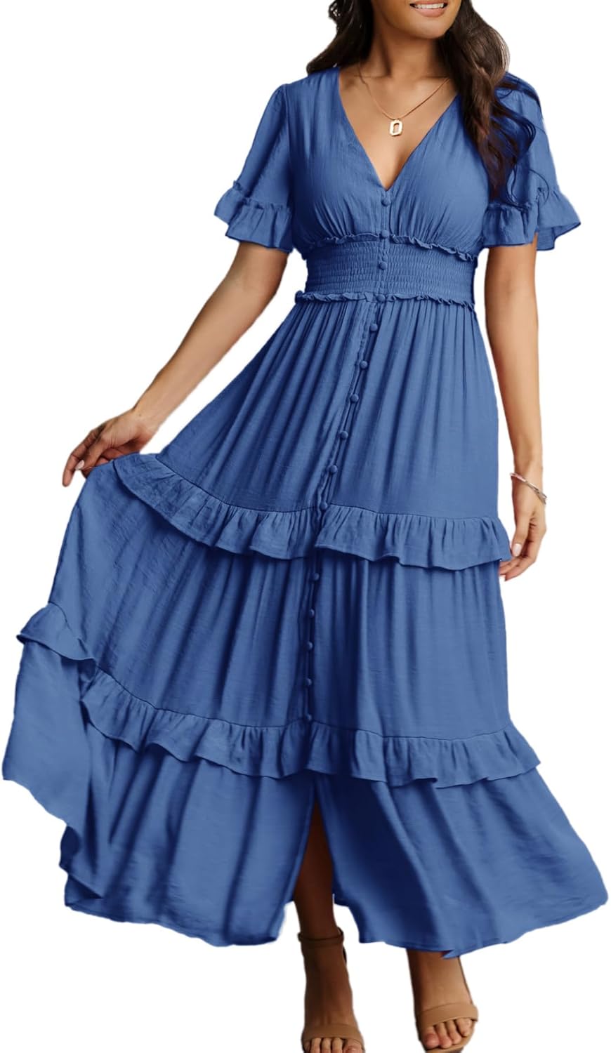 Amegoya Women's V Neck Long Sleeve Boho Maxi Dress for Summer