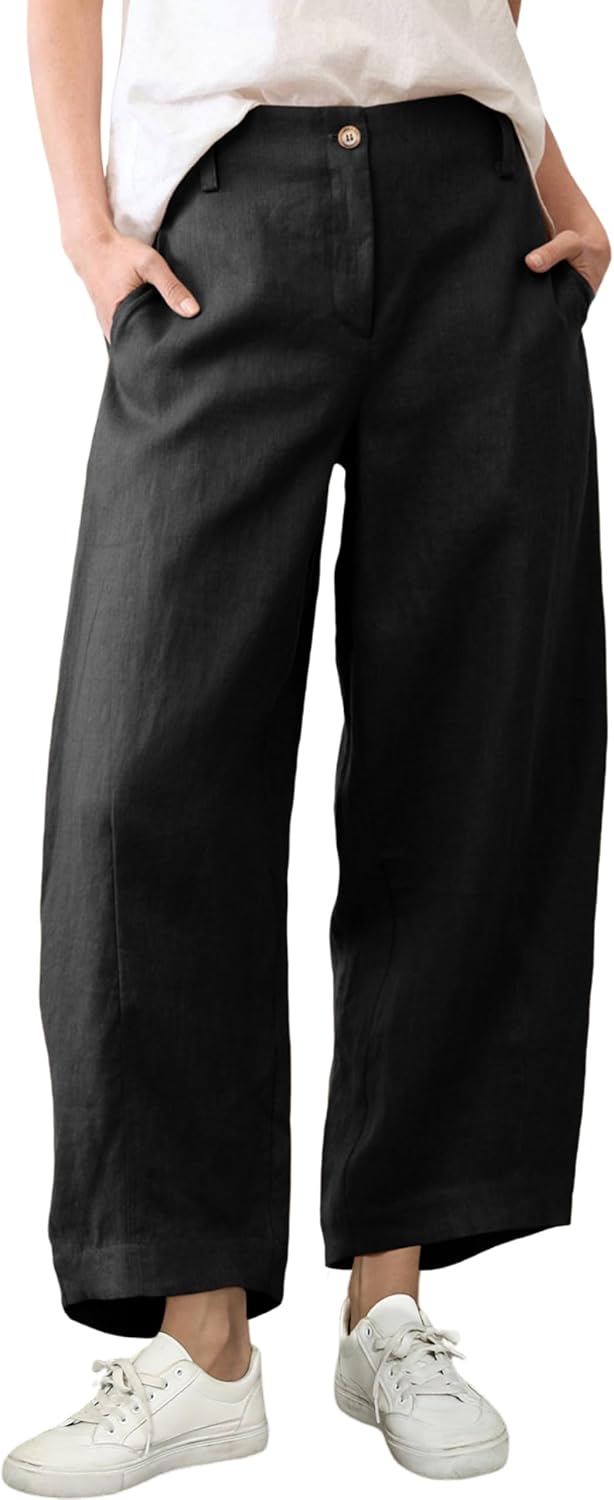 Tanming Womens Linen Pants Casual Capri Baggy Wide Leg Trousers