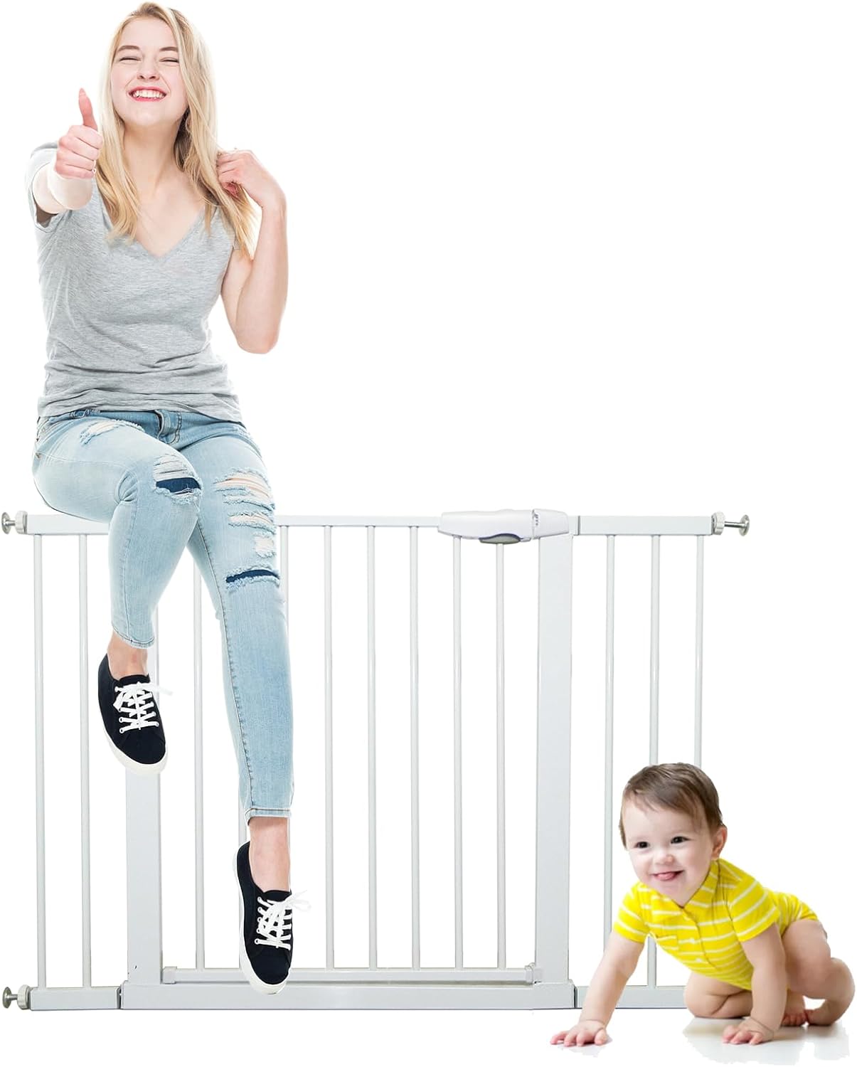 MYEONGD Auto Close Baby Gate w/ Cat Door - 88.5 Safety Metal