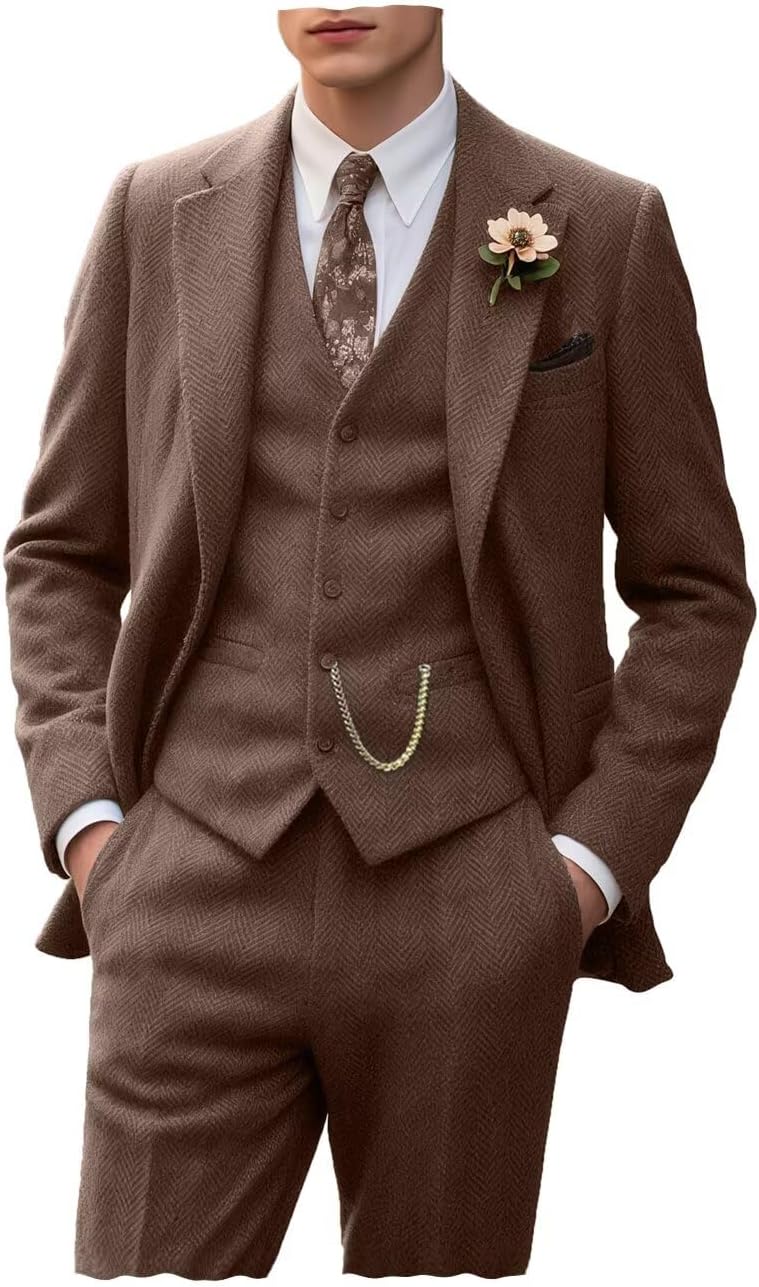 Retro Tweed Men's Suit 3 Piece Slim Fit Herringbone Tuxedo Set