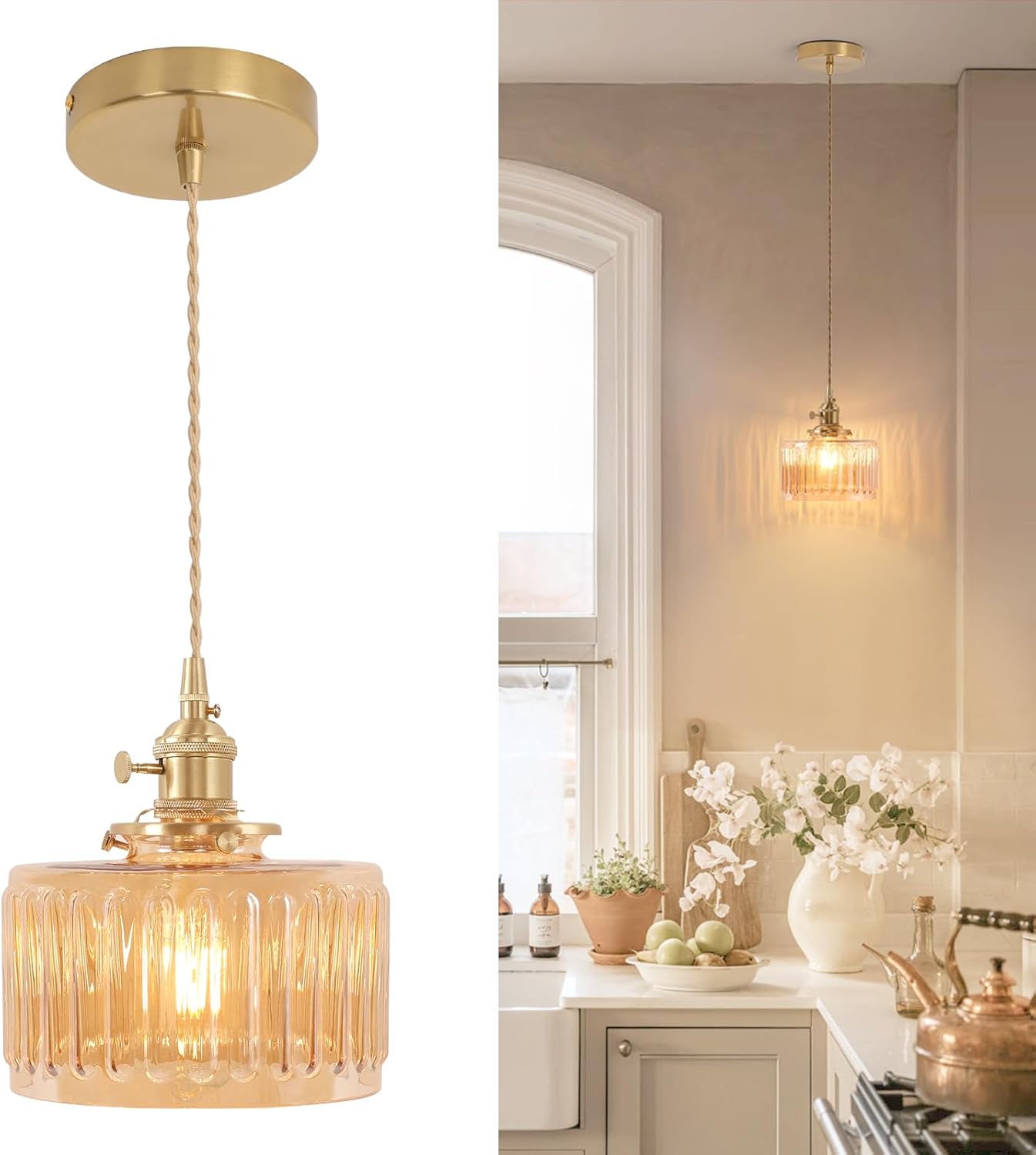 Vintage Pendant Light with Amber Striped Glass for Home Decor