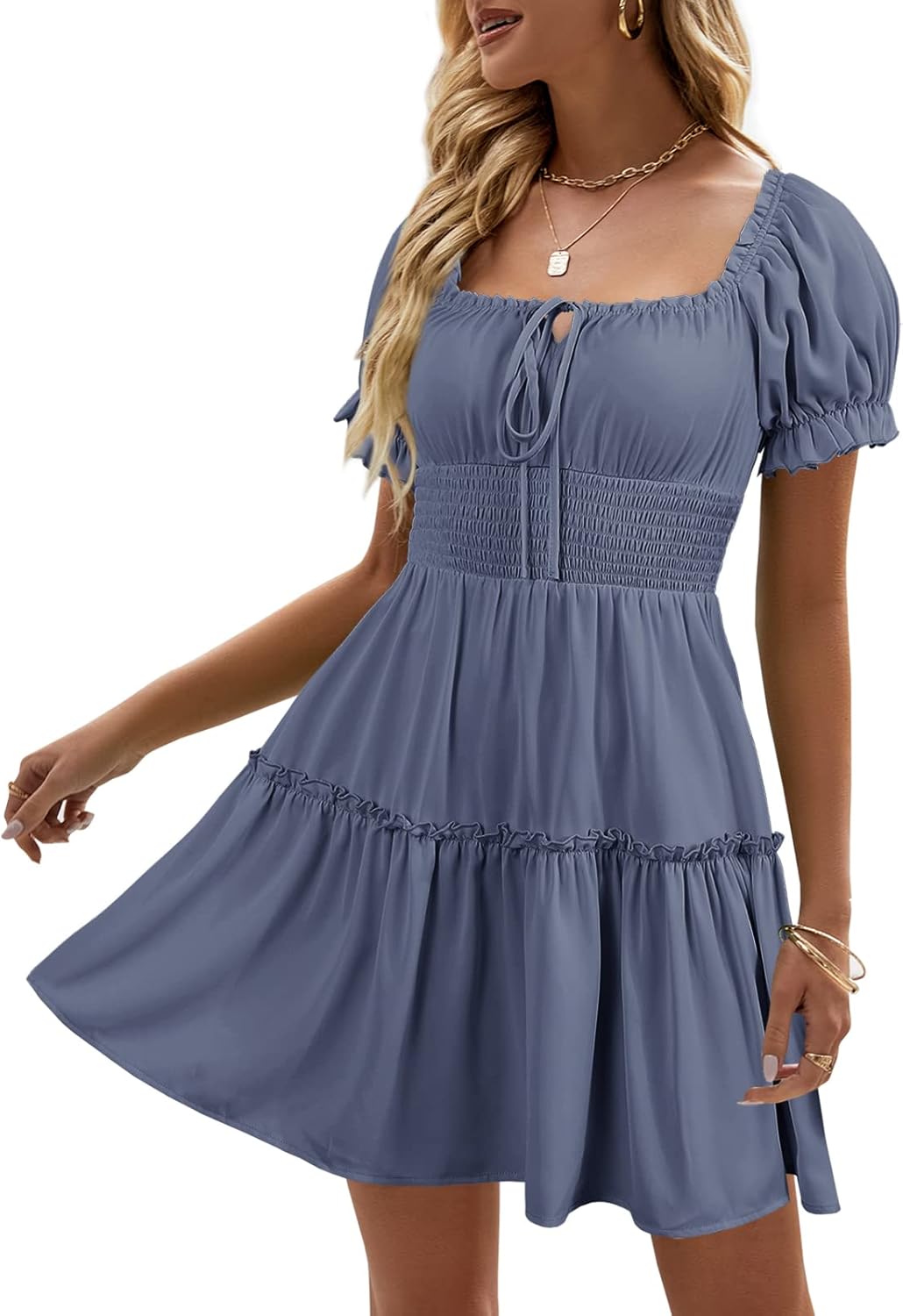 Boho Floral Smocked Square Neck Mini Dress for Women