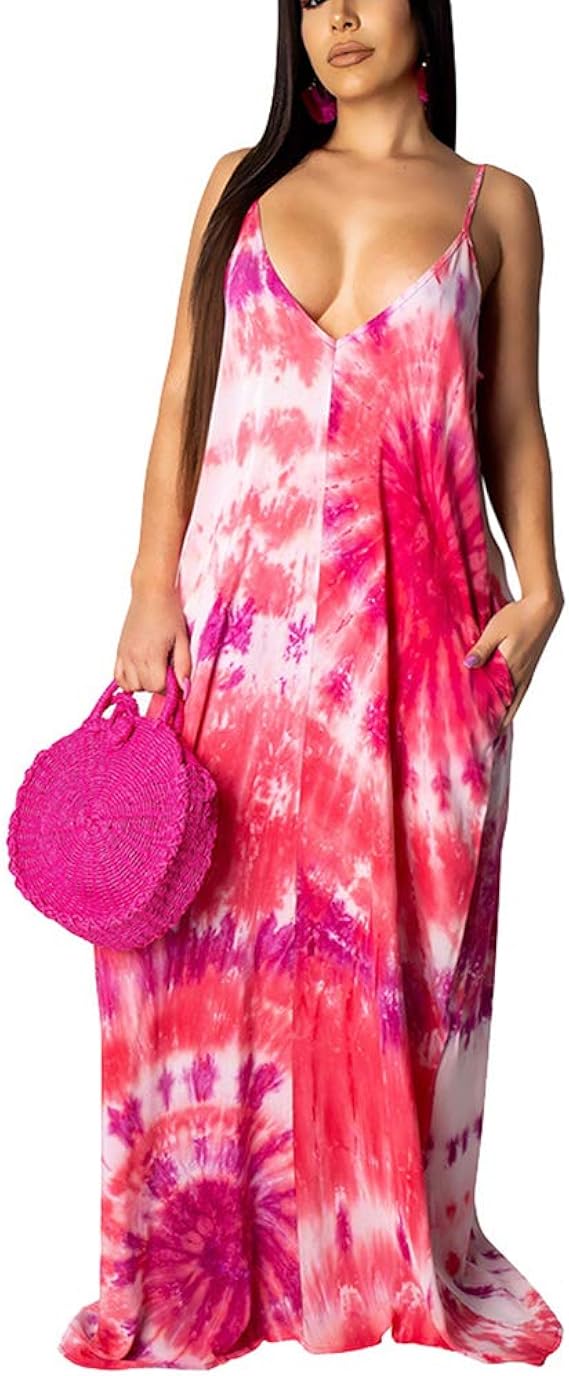 WOOSEN Womens Summer Suspender Maxi Dress with Pockets and Belt