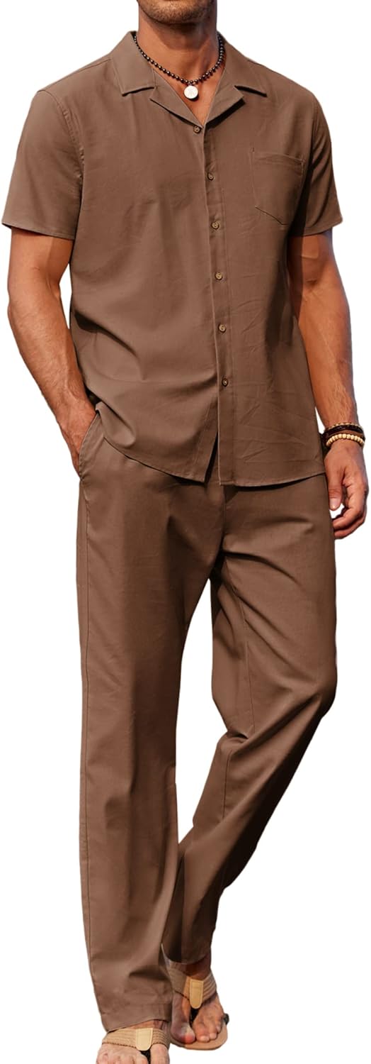 COOFANDY Men 2 Piece Linen Outfit for Beach and Casual Wear