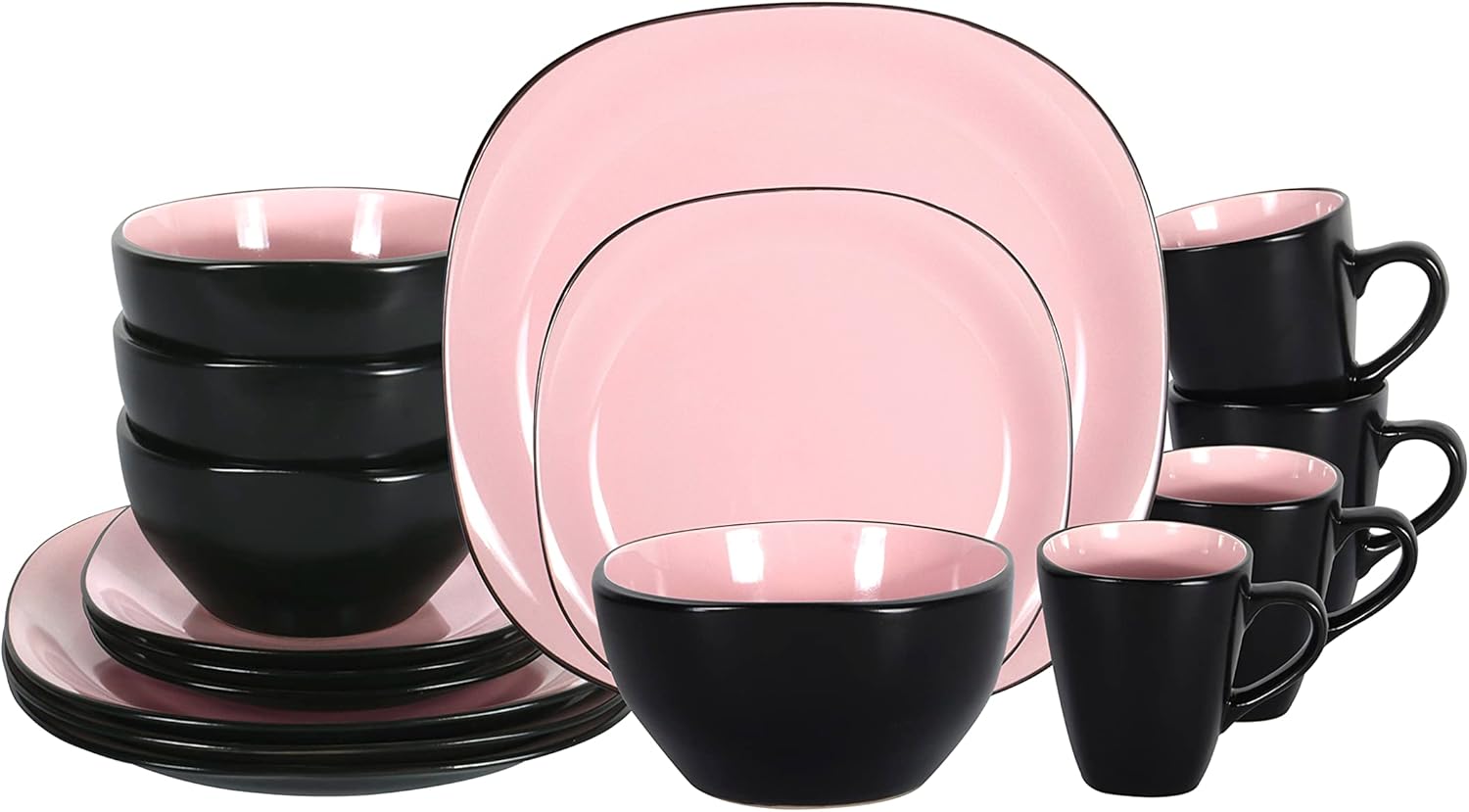 Stoneware Square 16pc Dinnerware Set with Shiny Rose & Matte Black