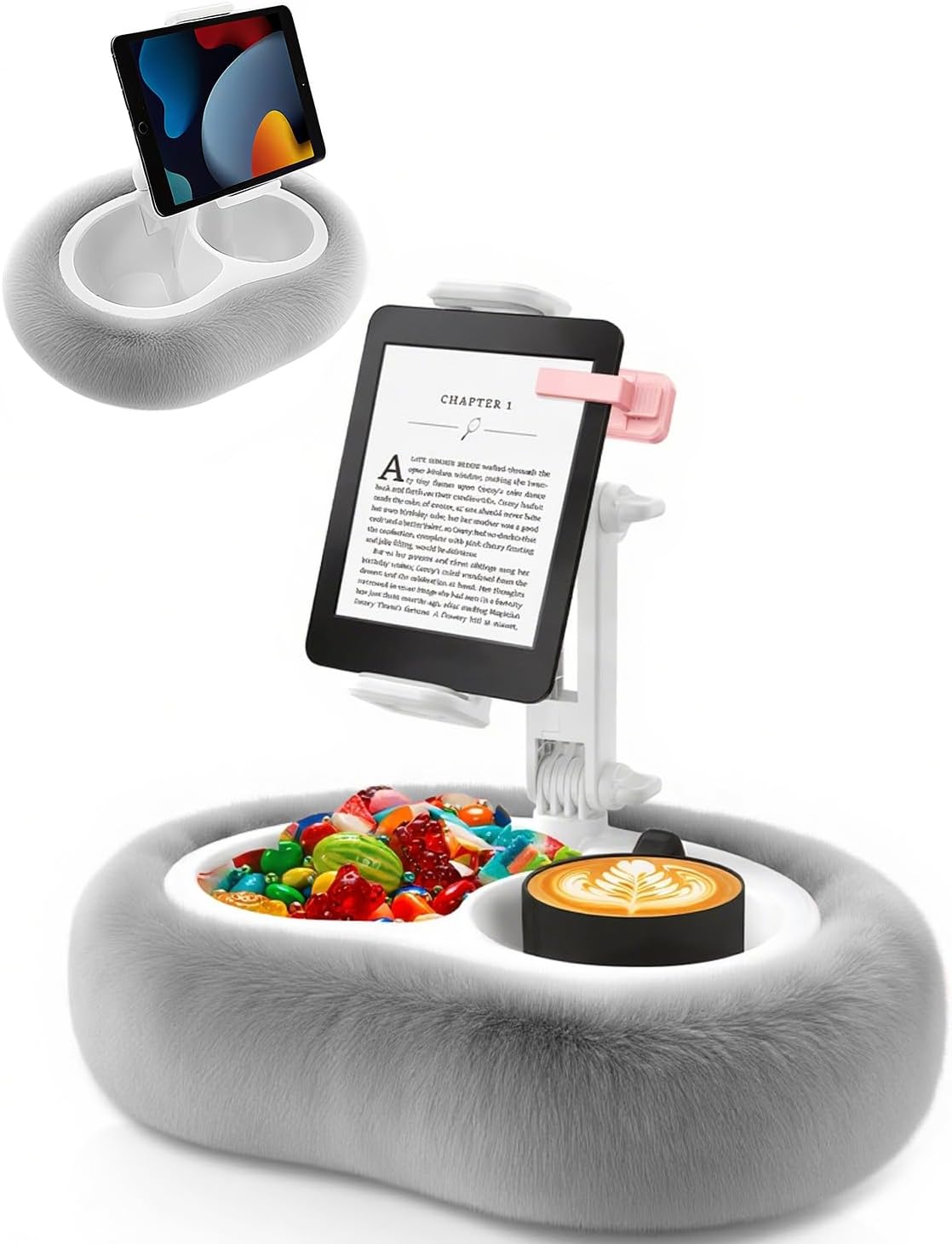 Tablet Pillow Stand for 4.7in-12.9in Devices - Gray Faux Fur
