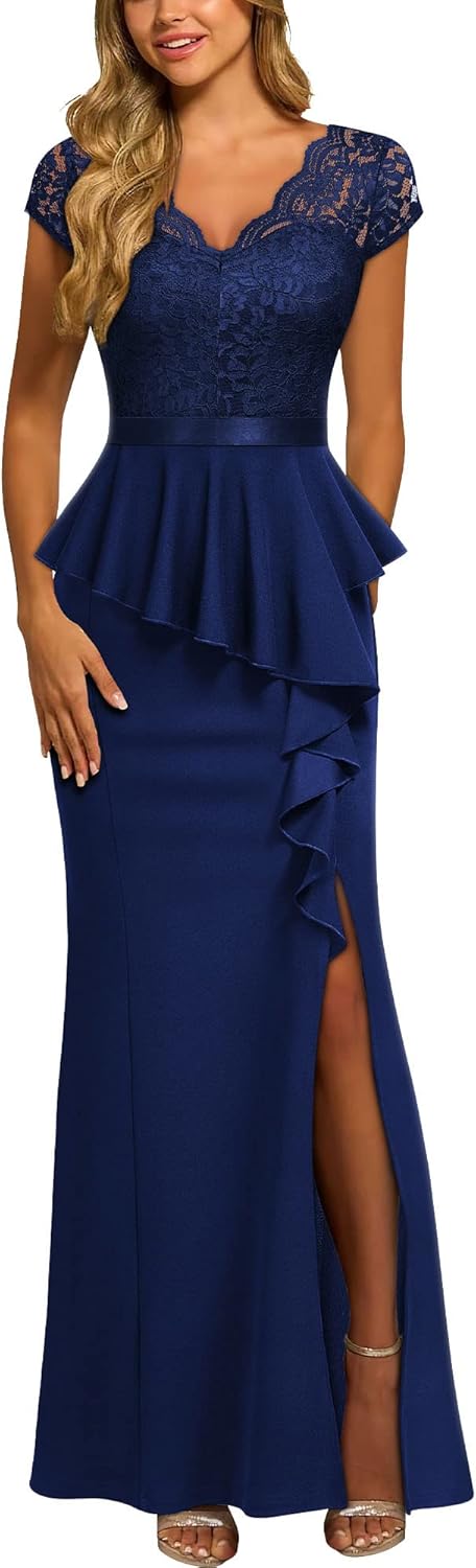 Elegant Floral Lace Ruffle Split Cocktail Party Long Dress