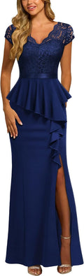 Women's Elegant Floral Lace Ruffle Split Cocktail Dress - Floor Length