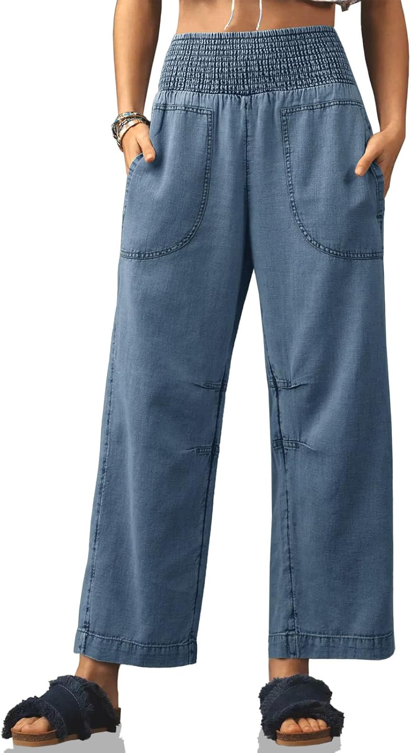 Cicy Bell Womens Smocked Barrel Jeans for Casual Trendy Style