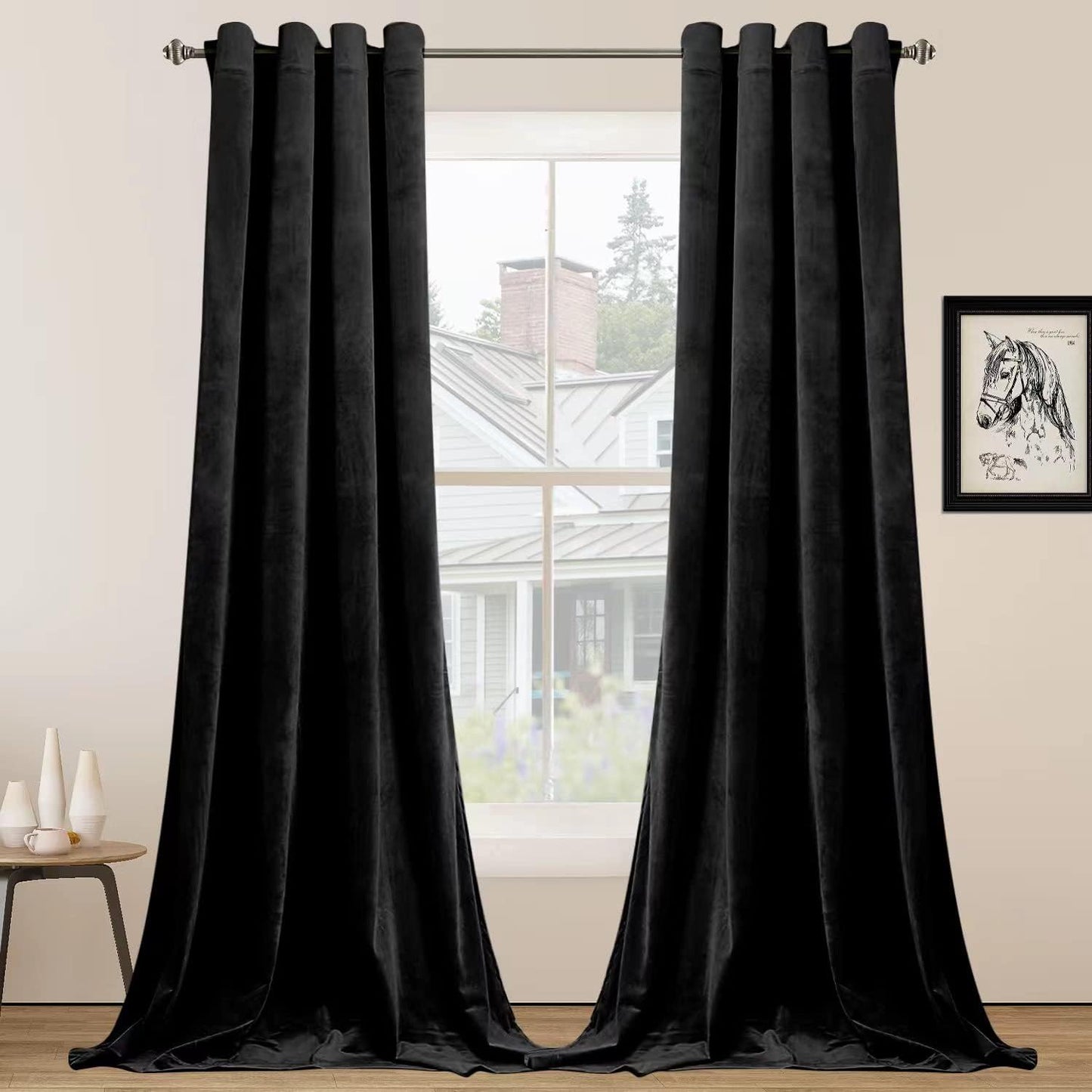 Black Velvet Curtains 96 in Long with Grommet for Privacy