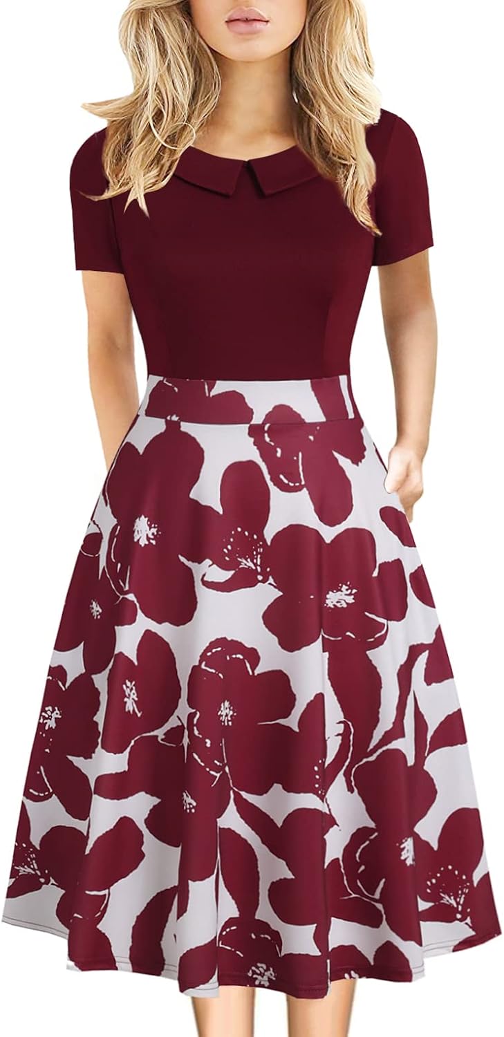 Elegant Vintage Floral Print A-Line Dress with Pockets
