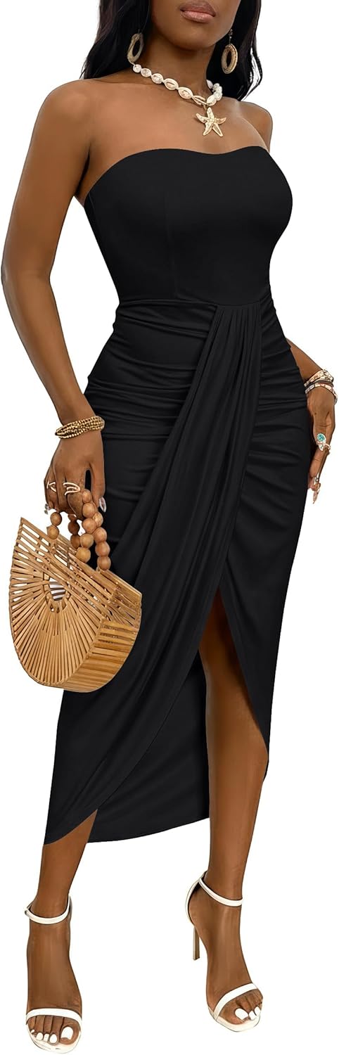 Umenlele Women's Strapless Ruched High Waist Beach Maxi Dress