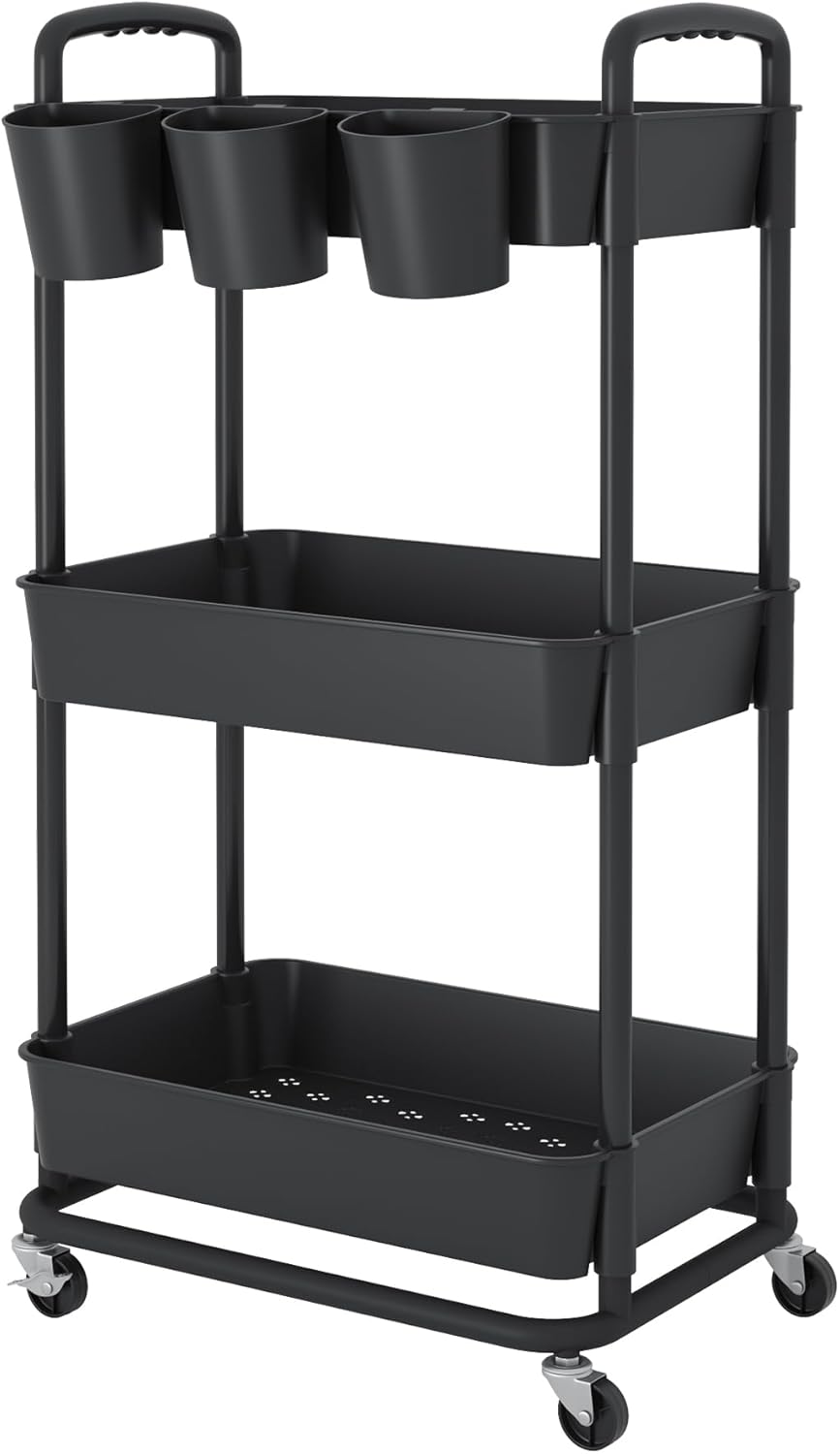 3-Tier Rolling Storage Cart with Lockable Wheels - Organize in Style!